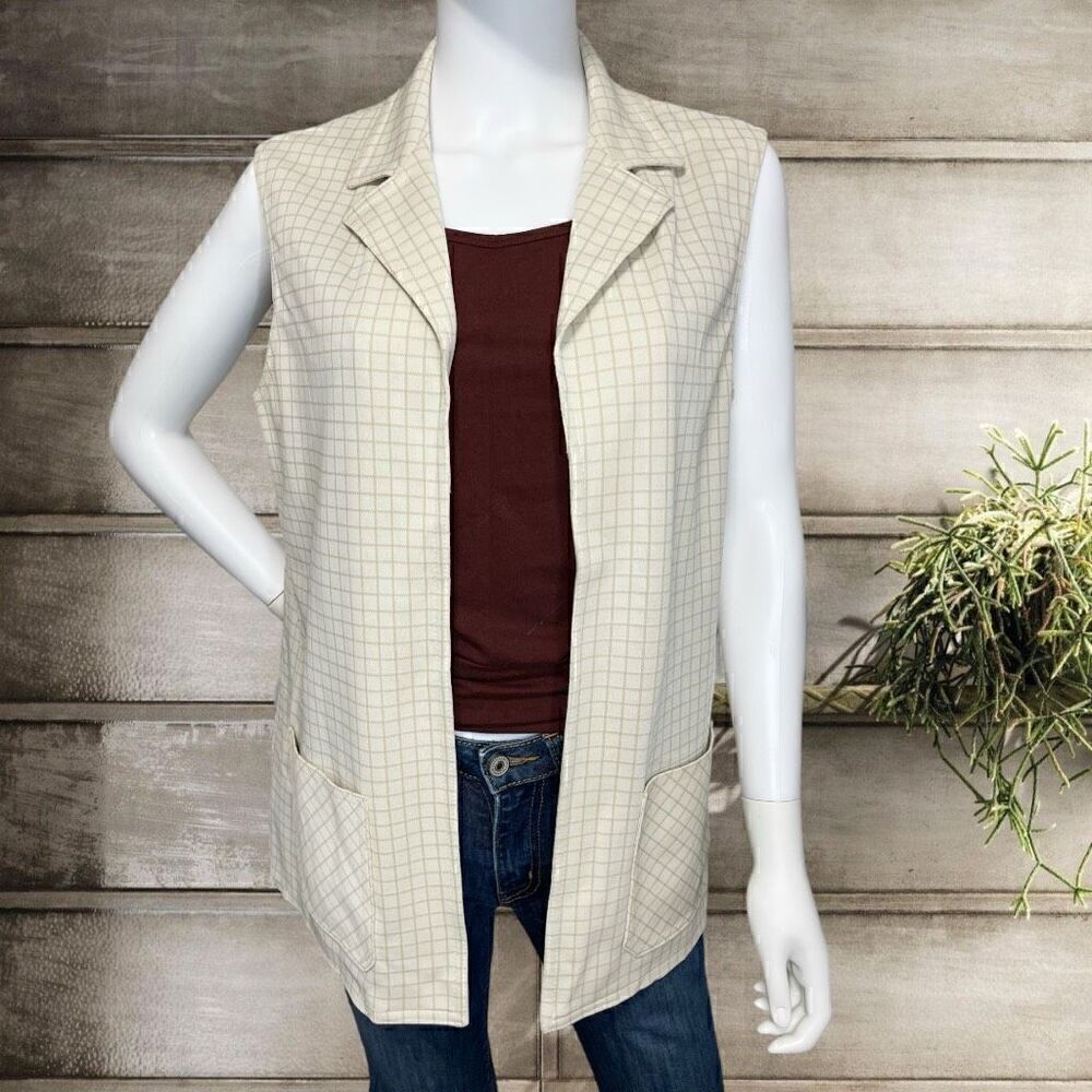 Vintage 70’s Cream Ivory Polyester Sleeveless Cardigan Vest Sz XL